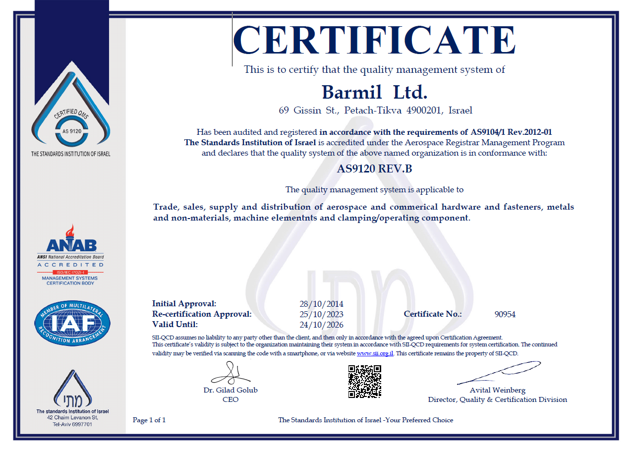 Certificate AS9120 REV.B. this is to certify that the quality management system of barmil